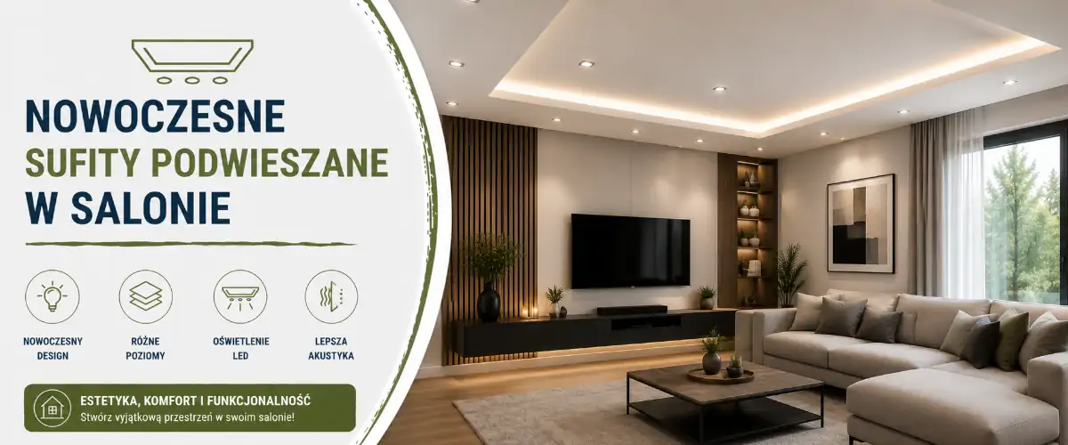 Nowoczesne sufity podwieszane w salonie: pomysły