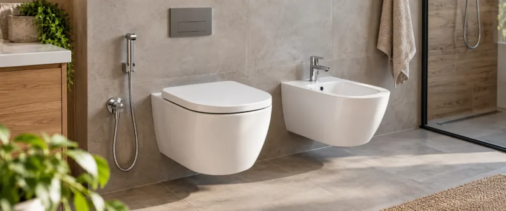 Miska WC z bidettą i osobny wiszący bidet w łazience