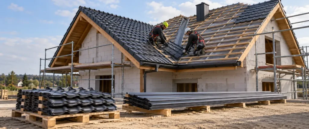 Moduły i długie arkusze blachodachówki przy dachu wielospadowym