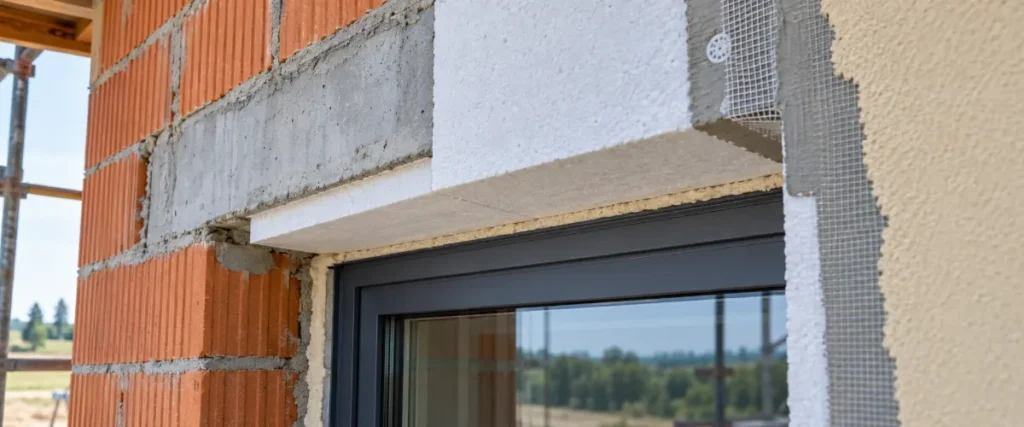 Przekrój ocieplonego nadproża nad oknem w ścianie dwuwarstwowej