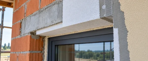 Przekrój ocieplonego nadproża nad oknem w ścianie dwuwarstwowej