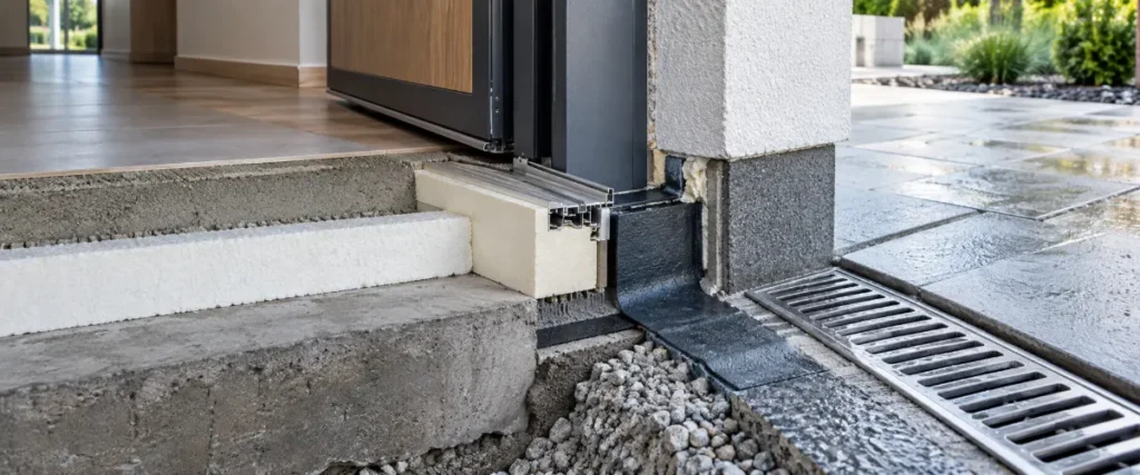 Przekrój progu drzwi z podwaliną, izolacją i odwodnieniem