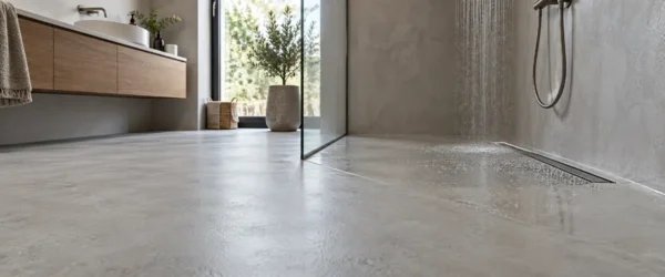 Jasnoszara podłoga mikrocementowa ze spadkiem do odpływu w prysznicu walk-in