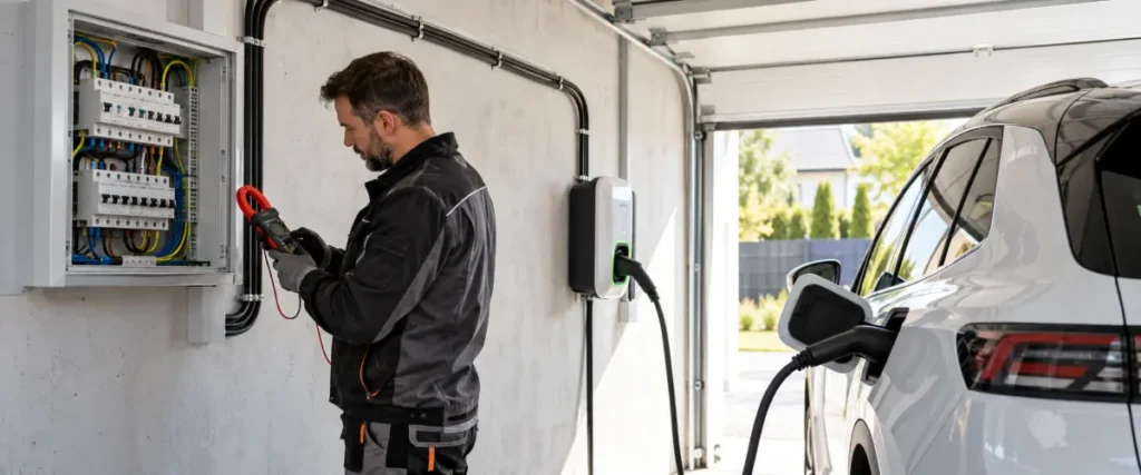 Samochód elektryczny podłączony do wallboxa podczas kontroli instalacji