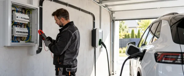 Samochód elektryczny podłączony do wallboxa podczas kontroli instalacji