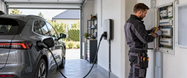 Elektryk sprawdzający wallbox i podlicznik w garażu