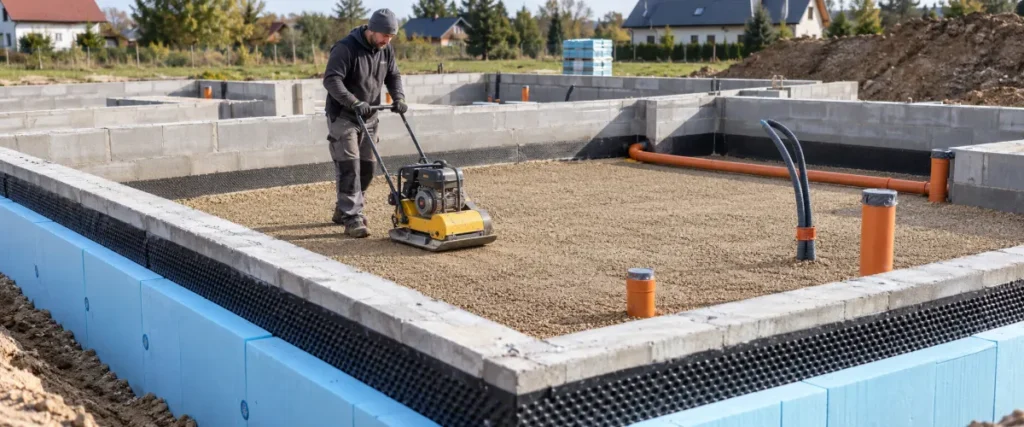 Zagęszczanie warstwy pospółki wewnątrz ścian fundamentowych