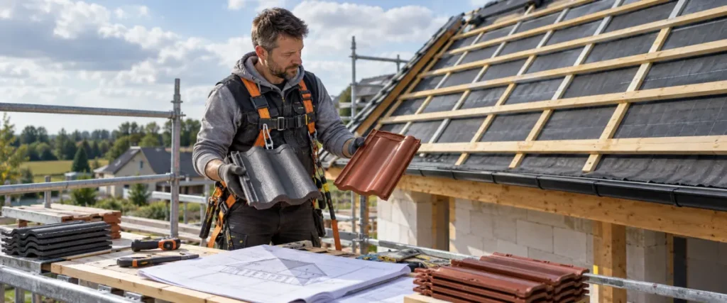 Dekarz porównujący próbki dachówki betonowej i ceramicznej