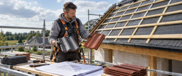 Dekarz porównujący próbki dachówki betonowej i ceramicznej