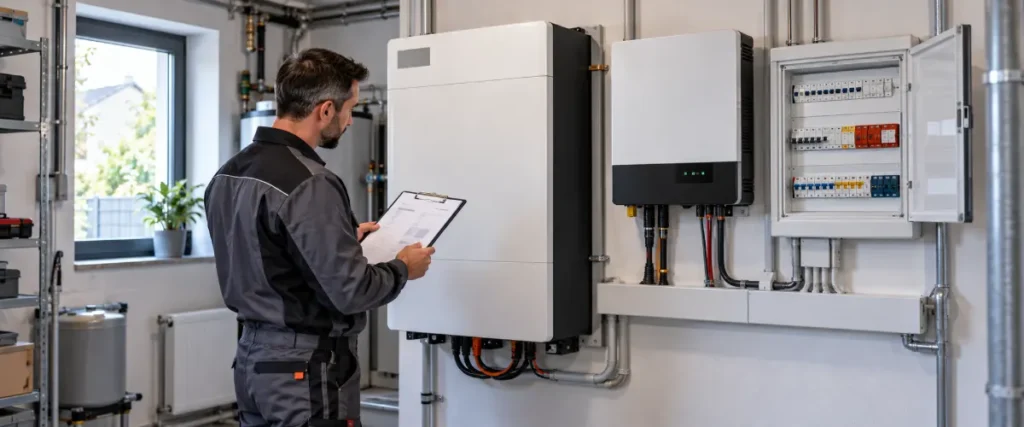 Instalator sprawdzający magazyn energii, falownik i rozdzielnicę podczas odbioru