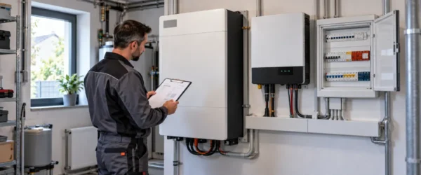 Instalator sprawdzający magazyn energii, falownik i rozdzielnicę podczas odbioru