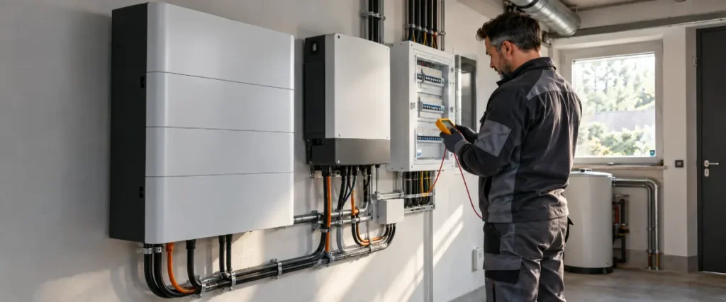 Instalator sprawdzający domowy magazyn energii z falownikiem i rozdzielnicą