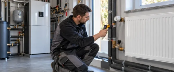 Instalator sprawdzający grzejnik i instalację pompy ciepła