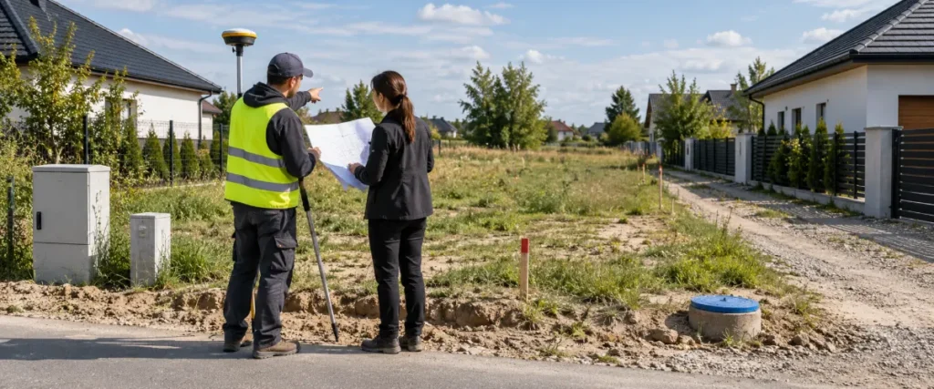 Architekt i geodeta sprawdzający mapę oraz granice niezabudowanej działki