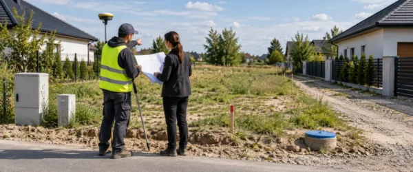 Architekt i geodeta sprawdzający mapę oraz granice niezabudowanej działki