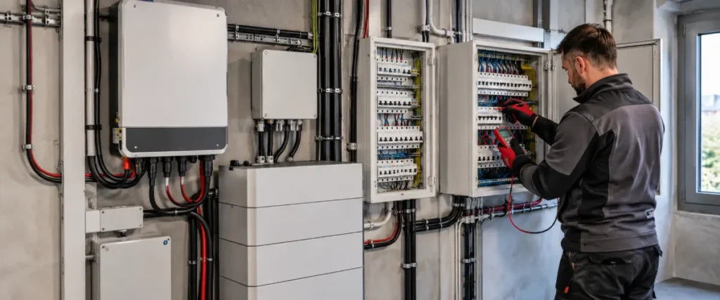 Elektryk sprawdzający rozdzielnicę backupową przy falowniku i magazynie energii