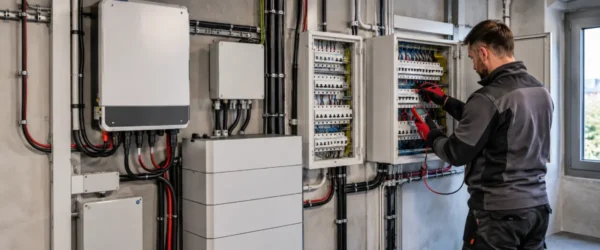 Elektryk sprawdzający rozdzielnicę backupową przy falowniku i magazynie energii
