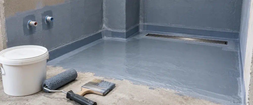 Hydroizolacja natrysku z taśmą narożną, mankietami rur i odpływem liniowym
