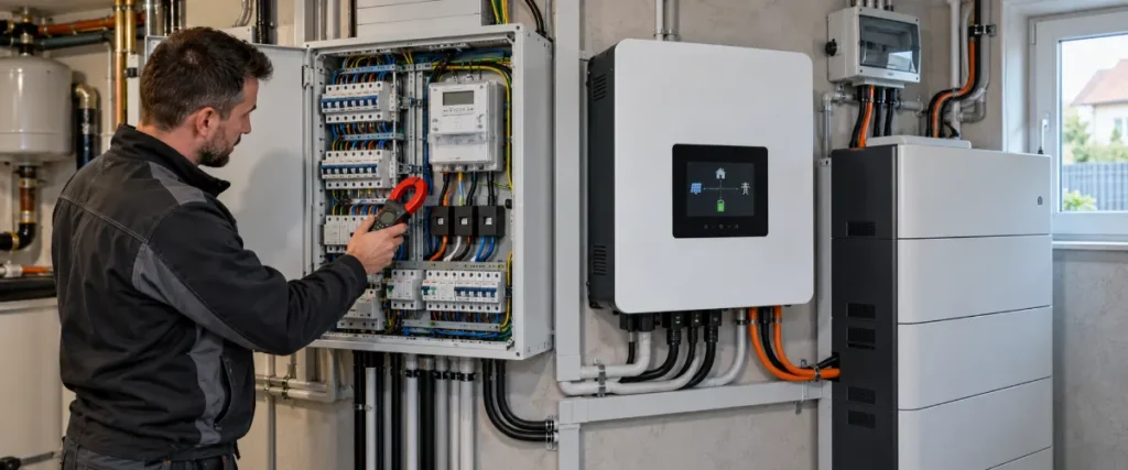 Elektryk sprawdza licznik energii przy falowniku i magazynie
