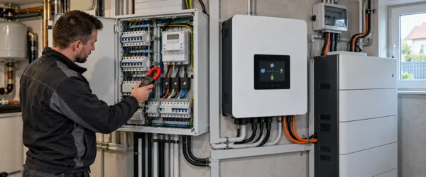 Elektryk sprawdza licznik energii przy falowniku i magazynie