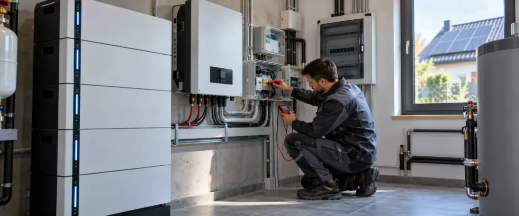 Elektryk sprawdzający domowy magazyn energii i falownik hybrydowy