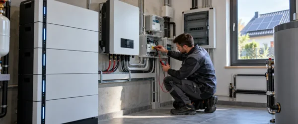 Elektryk sprawdzający domowy magazyn energii i falownik hybrydowy