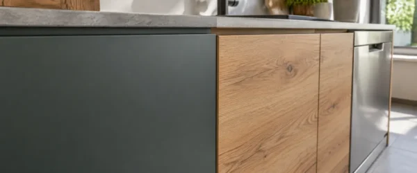 Matowy front akrylowy obok laminowanego frontu w dekorze dębu