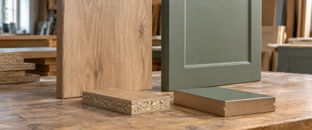 Płaski front laminowany z obrzeżem obok frezowanego frontu MDF