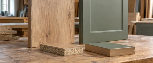 Płaski front laminowany z obrzeżem obok frezowanego frontu MDF