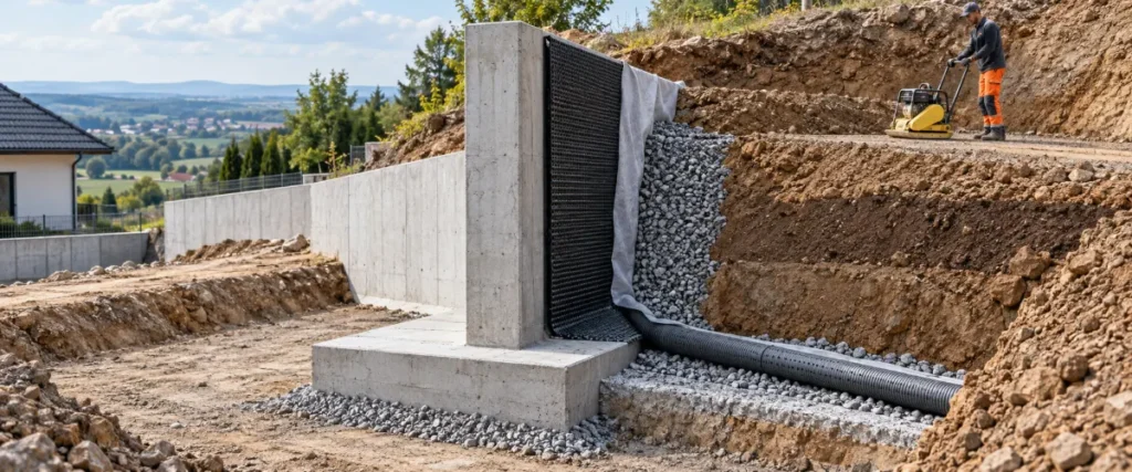 Żelbetowy mur oporowy ze stopą, warstwą drenażową i rurą przy podstawie
