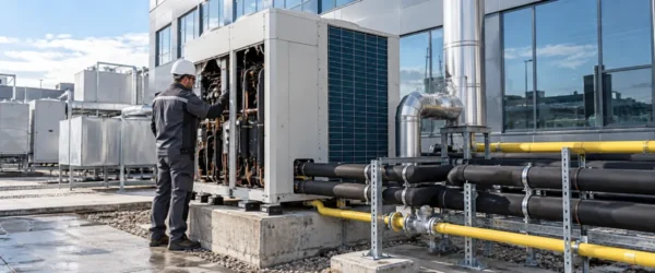 Gazowy system VRF na fundamencie przy budynku komercyjnym
