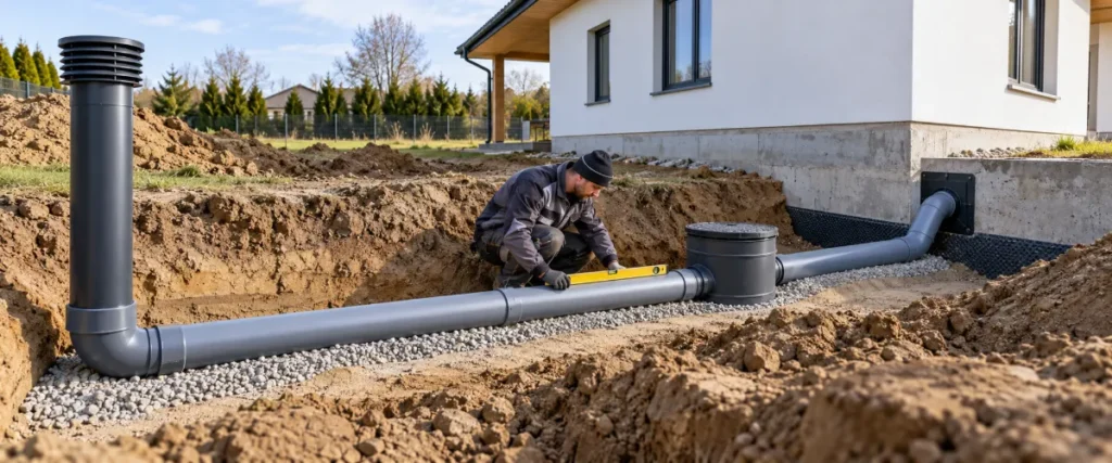 Kontrola spadku rury gruntowego wymiennika przed zasypaniem wykopu