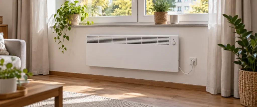 Biały konwektor elektryczny prawidłowo zamontowany na ścianie pod oknem