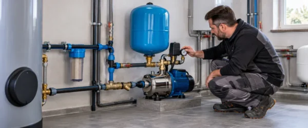 Instalator sprawdzający manometr przy domowym zestawie hydroforowym