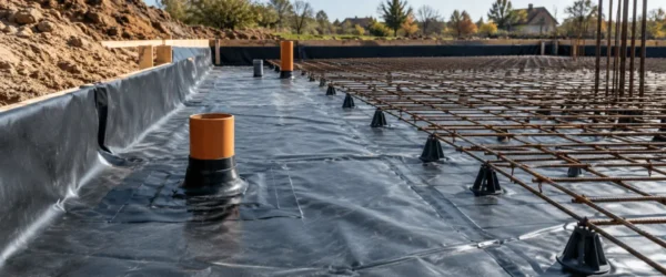 Hydroizolacja pod płytą z uszczelnionym przepustem i wywinięciem przy krawędzi