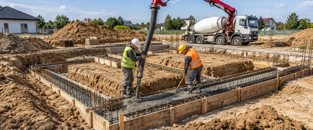 Betonowanie zbrojonych ław fundamentowych domu