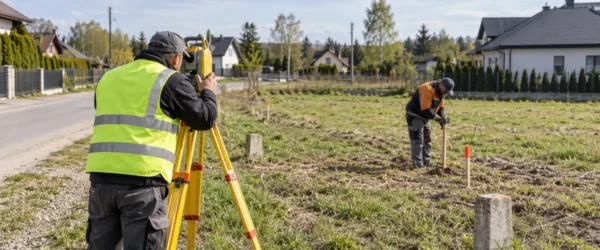 Geodeta wyznaczający nową granicę działki przy drodze