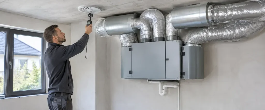 Instalator mierzący przepływ przy centrali rekuperacyjnej