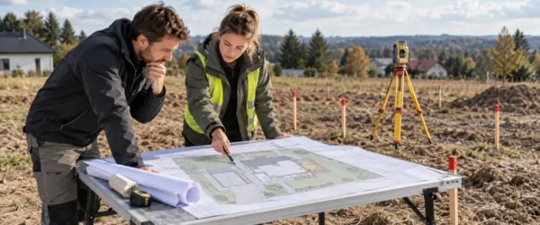 Projektant i geodeta ustalający powierzchnię wyłączenia gruntu pod dom i podjazd