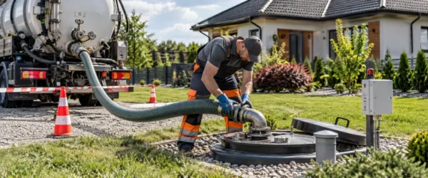 Pracownik podłączający przewód samochodu asenizacyjnego do przydomowego szamba