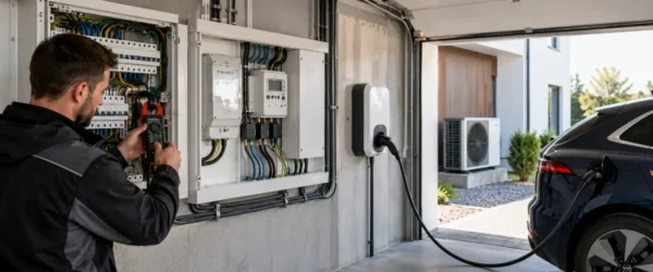 Elektryk mierzący obciążenie faz przy wallboxie i pompie ciepła