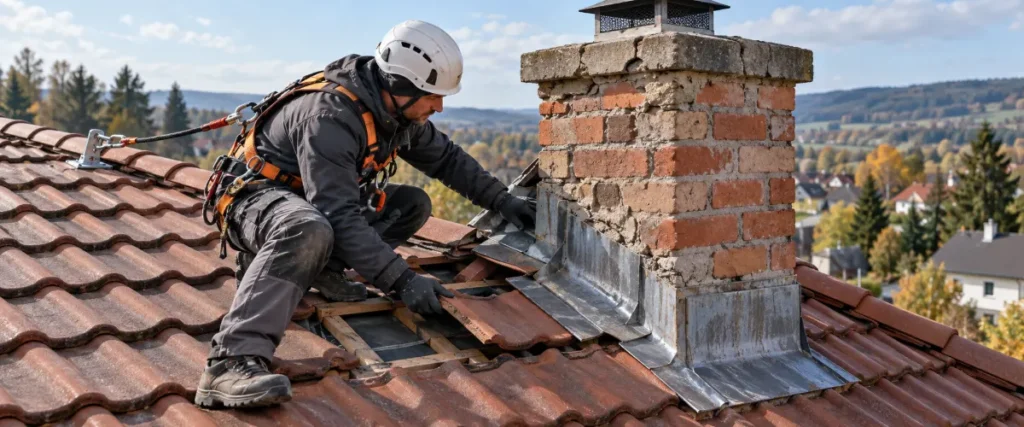 Dekarz sprawdza uszkodzoną czapę, spoiny i obróbkę komina
