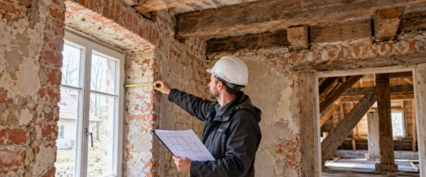 Konstruktor sprawdzający ceglaną ścianę i oparcie drewnianych belek stropowych