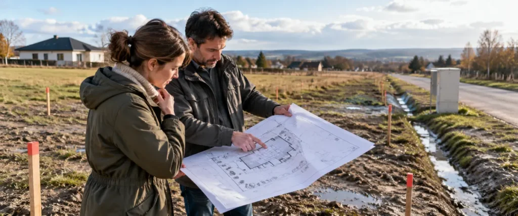 Kupujący i architekt sprawdzają plan domu na niezabudowanej działce