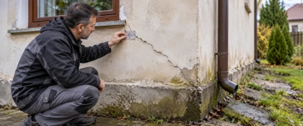 Pomiar ukośnej rysy przy oknie starego domu