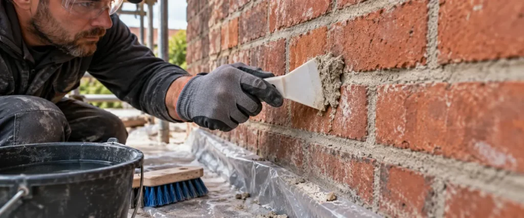 Usuwanie zaschniętej zaprawy z cegły plastikowym skrobakiem