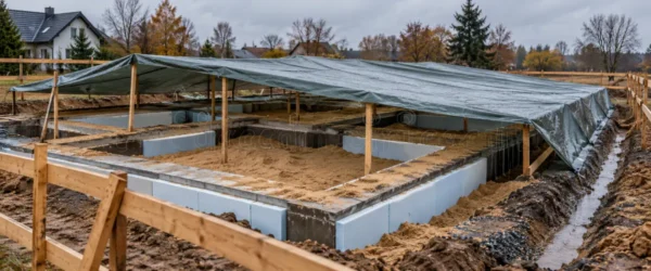 Ławy fundamentowe osłonięte izolacją i plandeką ułożoną ze spadkiem