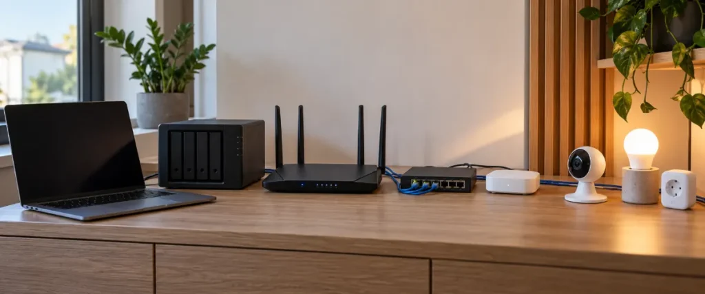 Router i hub oddzielające kamerę oraz urządzenia smart home od laptopa i NAS-a