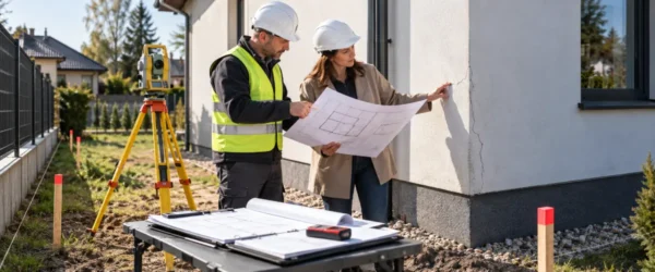 Architekt i geodeta sprawdzający dokumentację oraz granicę działki przy domu