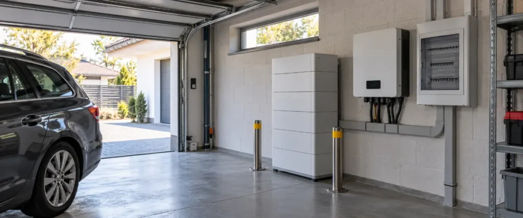 Magazyn energii, falownik i rozdzielnica w wydzielonej strefie garażu